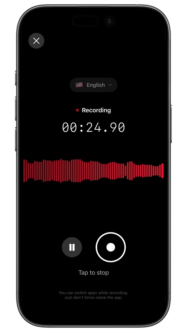 Speakwise AI voice recorder and note taker app recording a meeting on iPhone